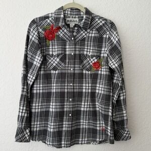 Ariat Womens Flannel Shirt Small Embroidered Rose Pearl Snap Western Top Rodeo